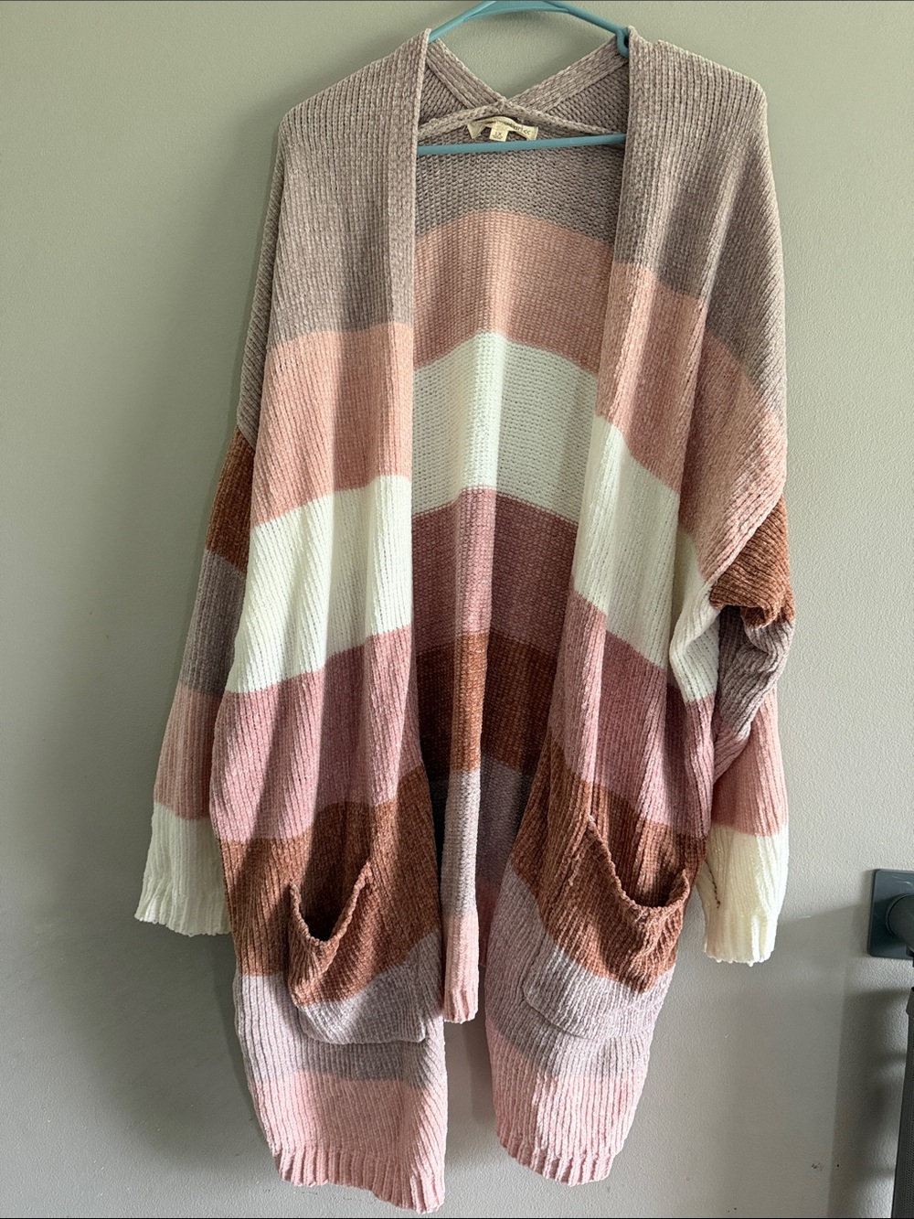 Rewind Pink Cream Brown Striped Open-Front Cardigan